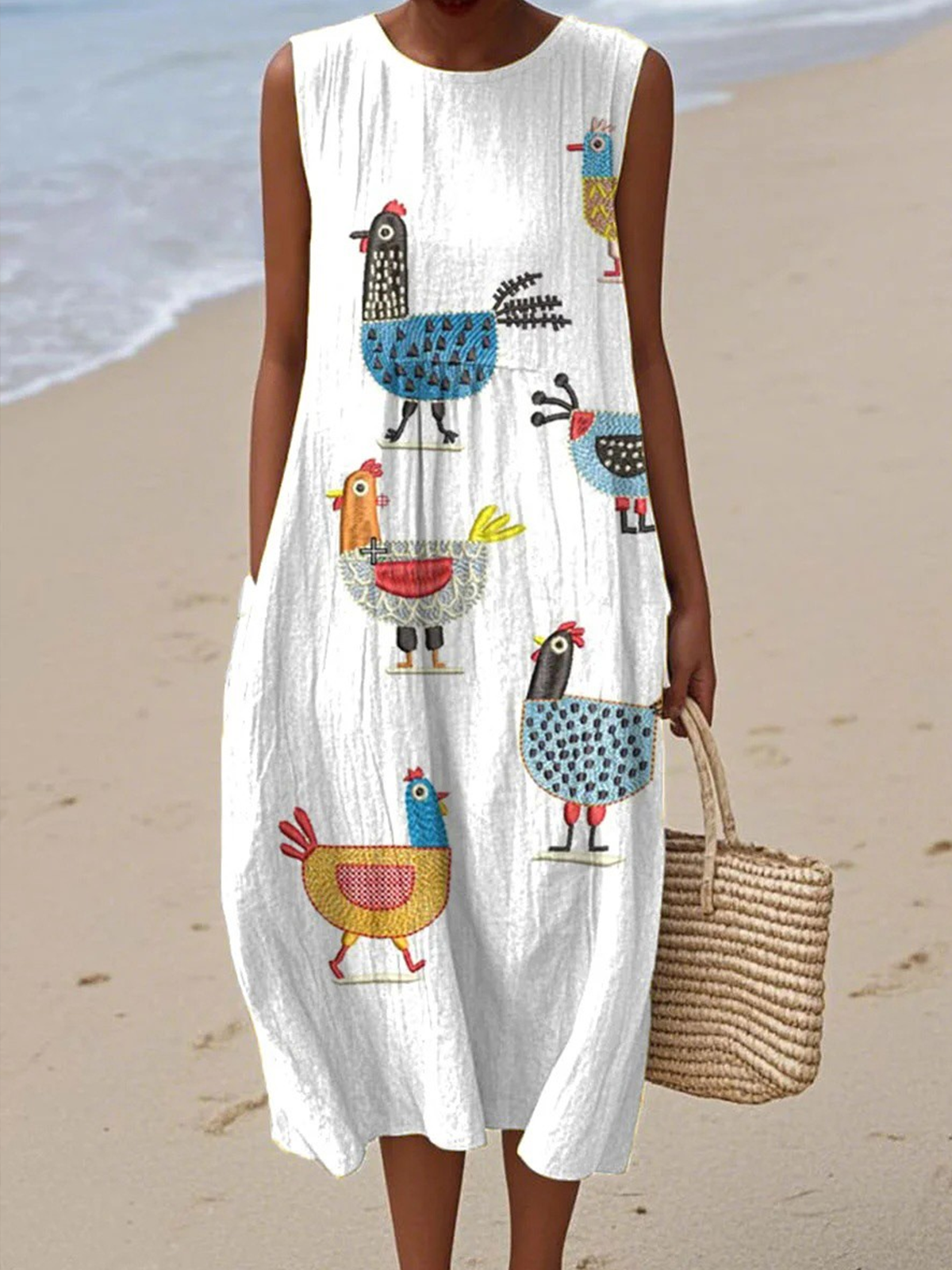 Casual Crew Neck Cotton Dress With No