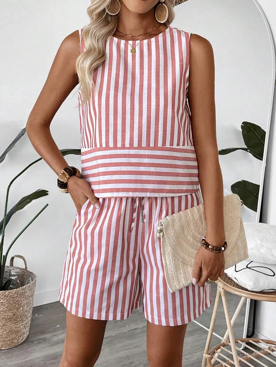 Crew Neck Striped Casual Loose Two-Piece Set