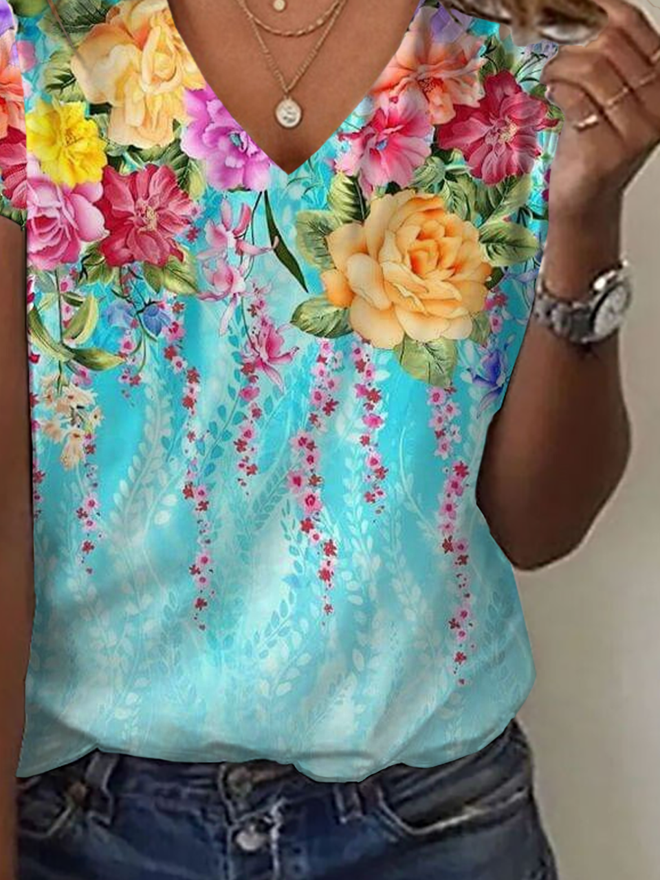 Women's Floral Print Casual V-Neck Short Sleeve T-Shirt