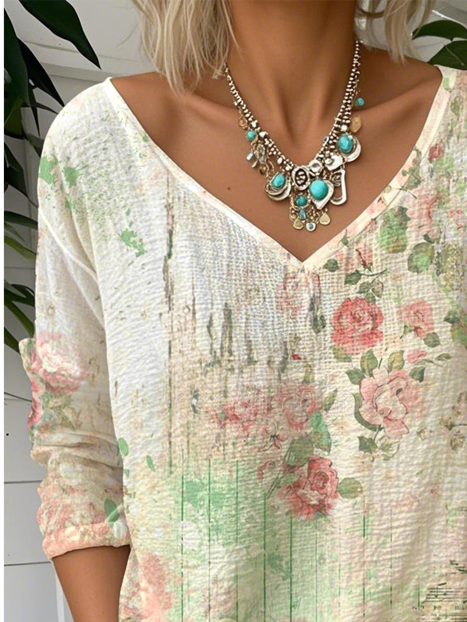V Neck Casual Loose Gradient Pattern T-Shirt