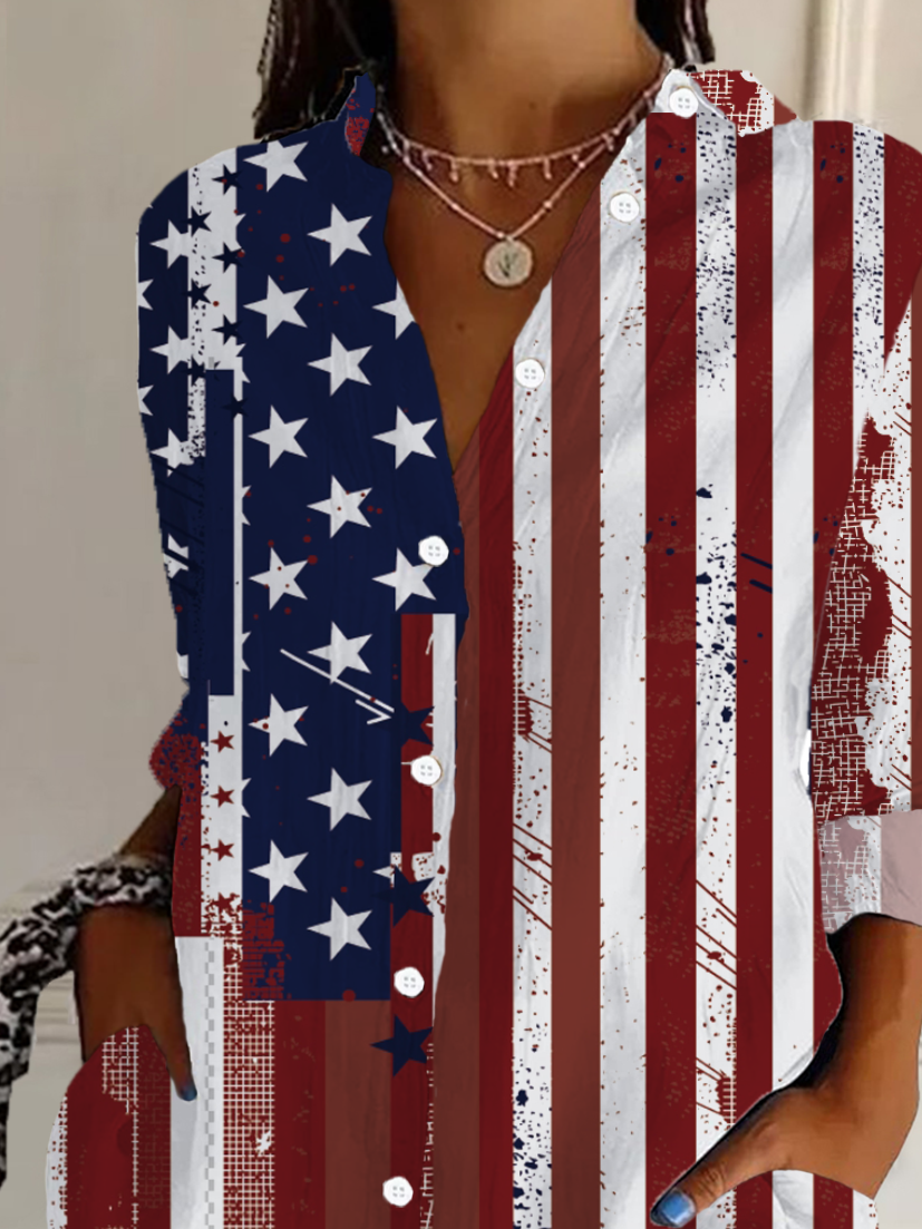 Women's Long Sleeve Shirt Spring/Fall As Picture Independence Day (Flag) Buckle Shirt Collar Daily Going Out Casual Top