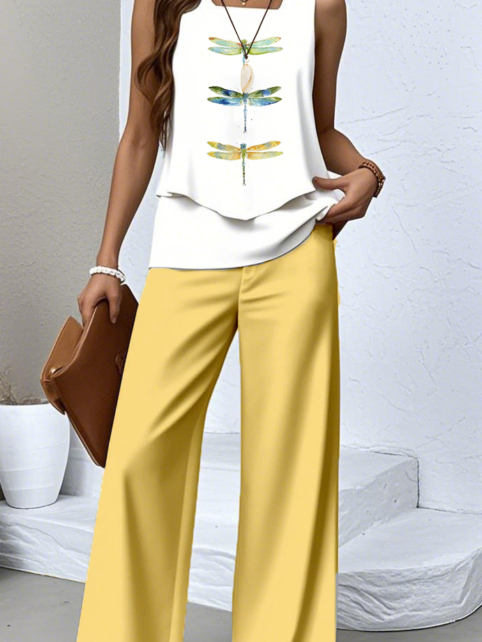 Regular Fit Crew Neck Dragonfly Casual Two-Piece Set
