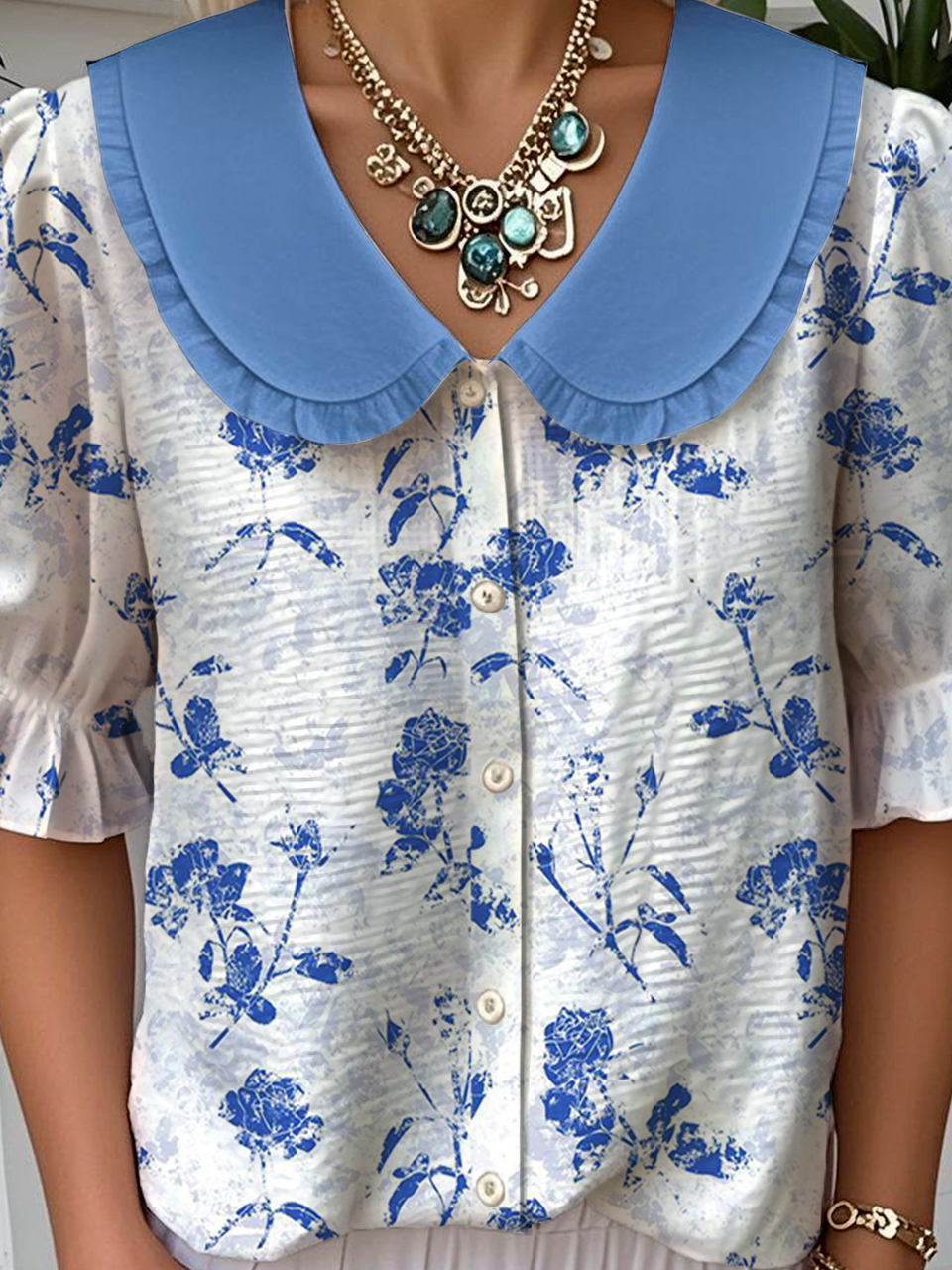 Floral Loose Simple Shawl Collar Shirt