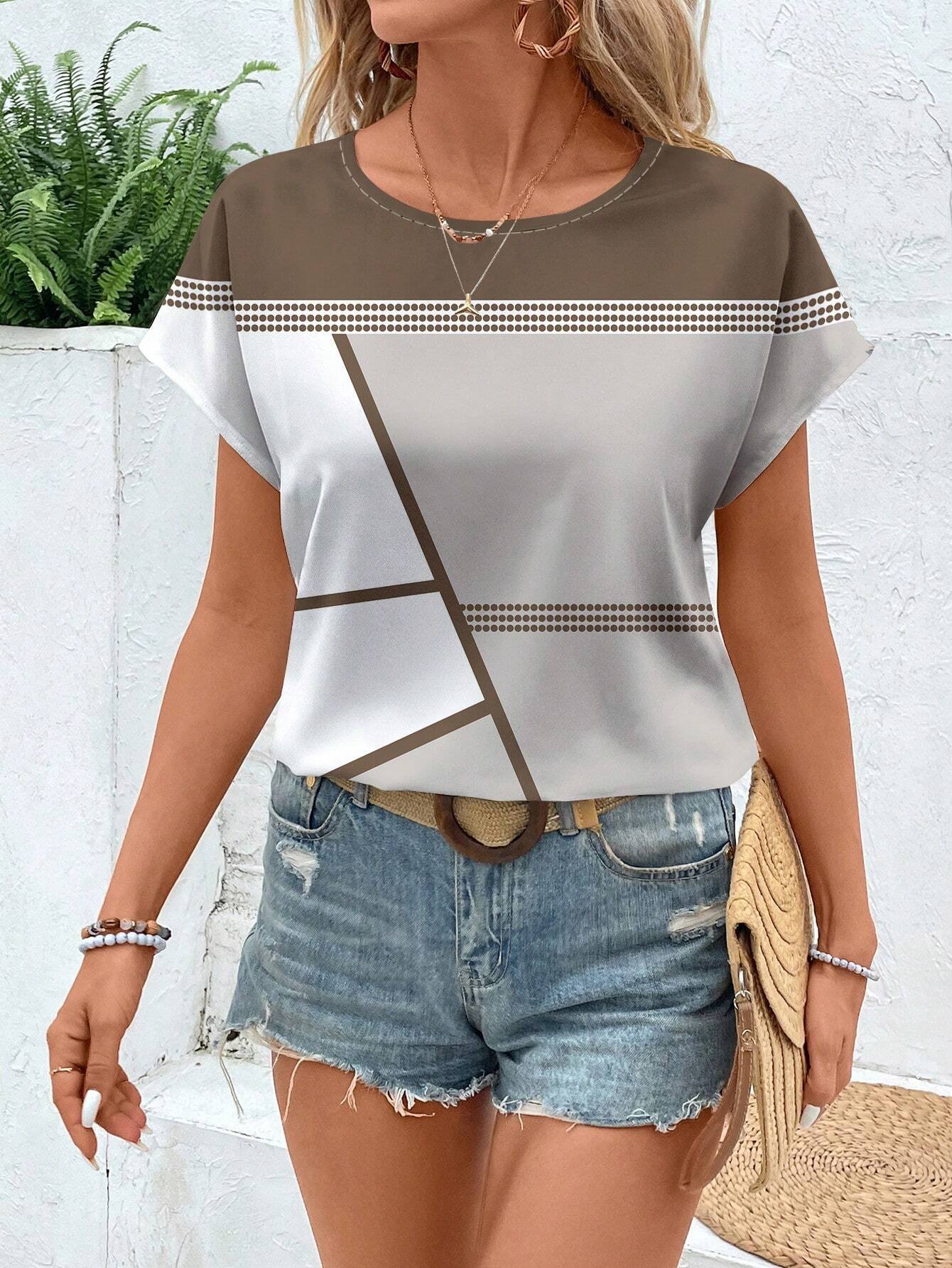 Women's Short Sleeve T-shirt Summer Blue Striped Printing Crew Neck Daily Going Out Casual Top