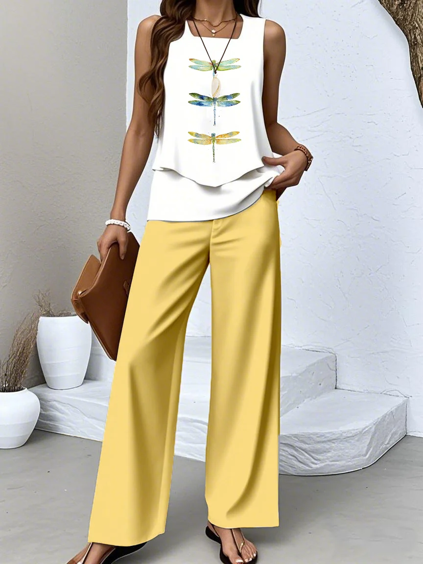 Regular Fit Crew Neck Dragonfly Casual Two-Piece Set
