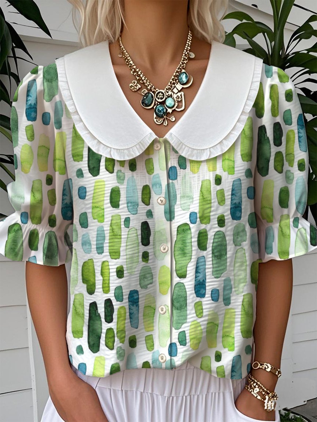 Shawl Collar Casual Loose Geometric Shirt