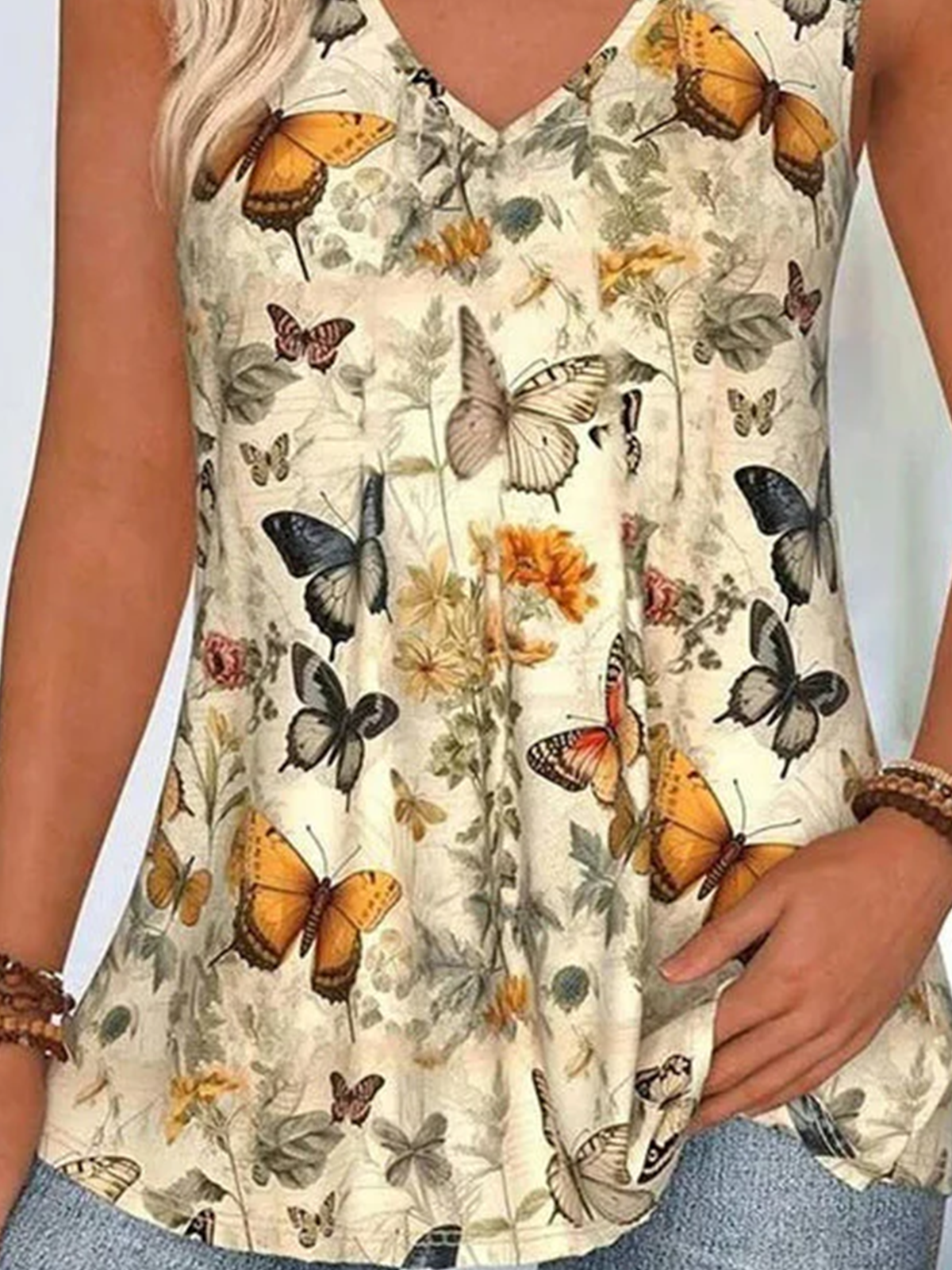Regular Fit Floral V Neck Casual Tank Top
