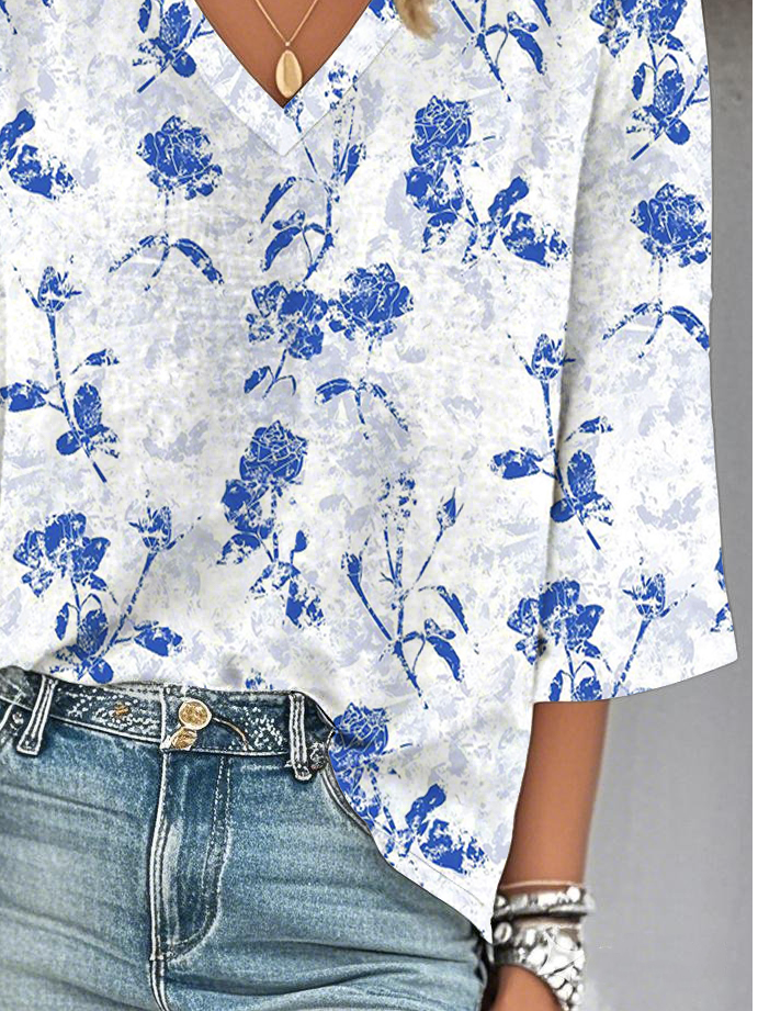 Loose Simple V Neck Floral Blouse