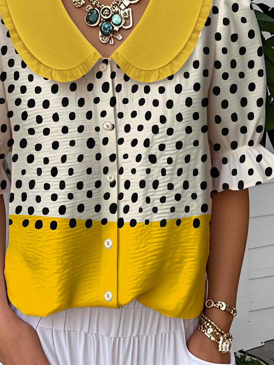 Casual Loose Shawl Collar Abstract Polka Dots Shirt