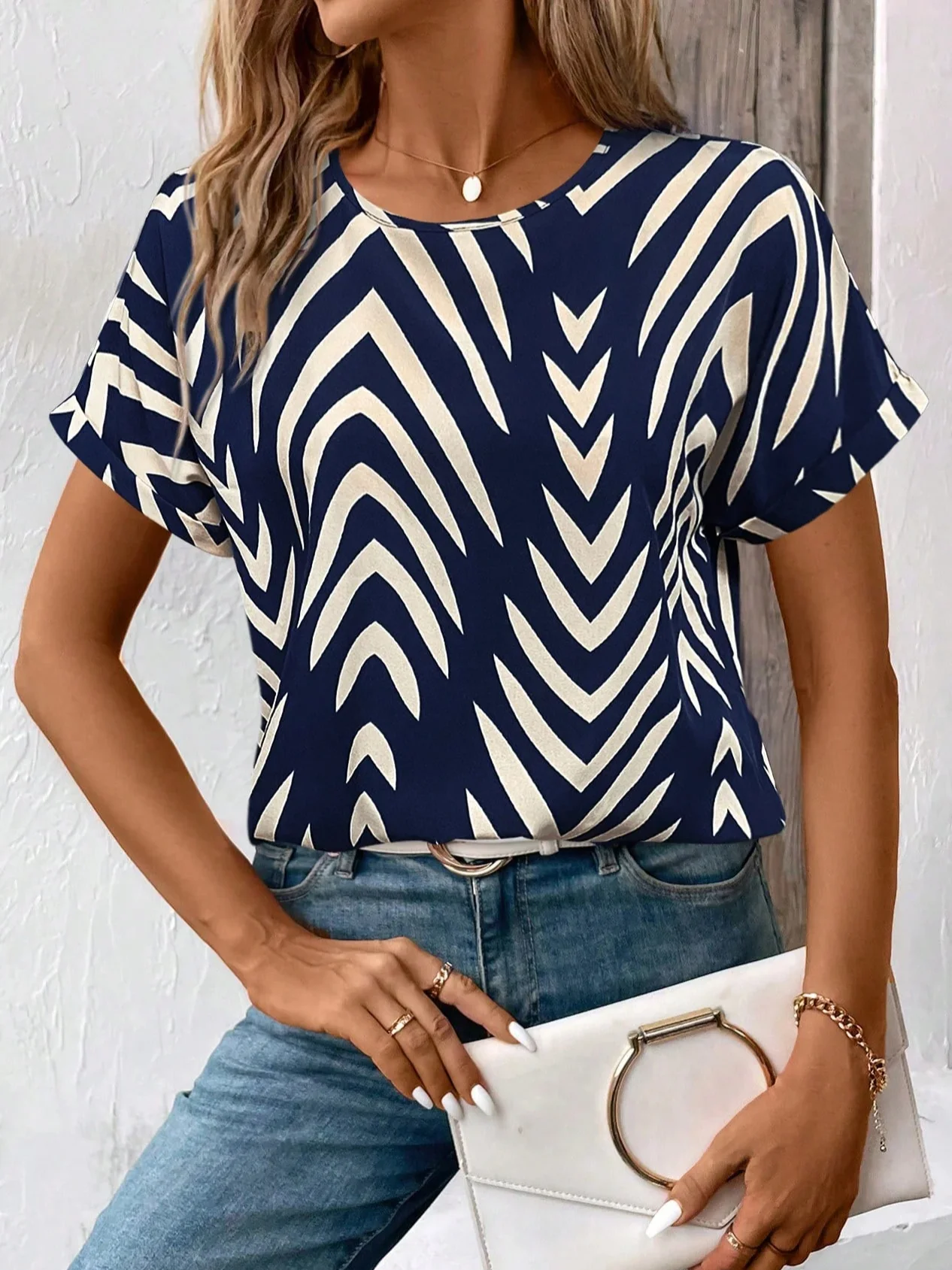 Women's Short Sleeve T-shirt Summer Purplish blue Striped Printing Crew Neck Daily Going Out Casual Top