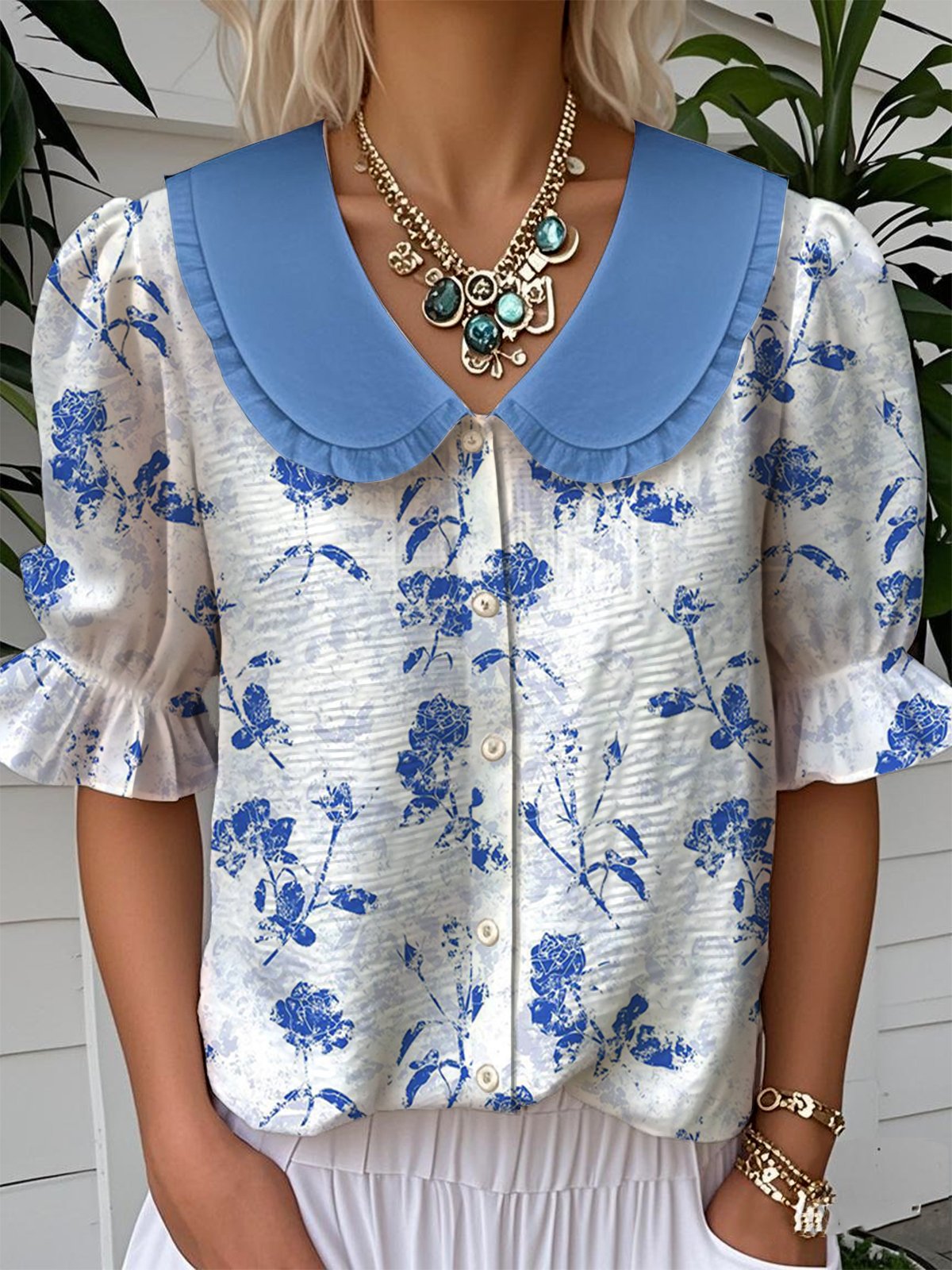 Floral Loose Simple Shawl Collar Shirt