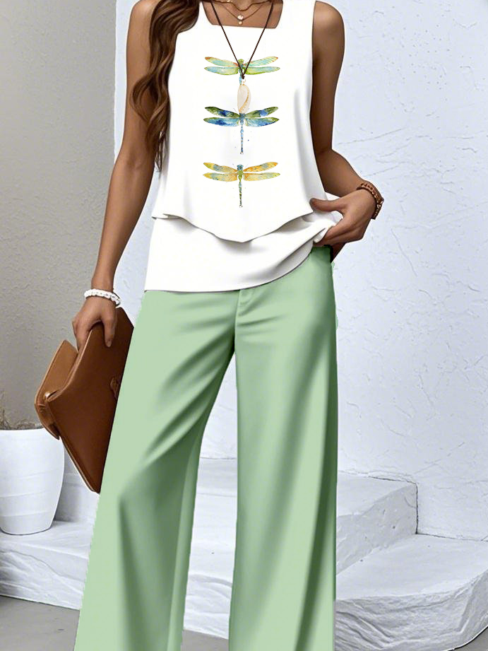Regular Fit Crew Neck Dragonfly Casual Two-Piece Set
