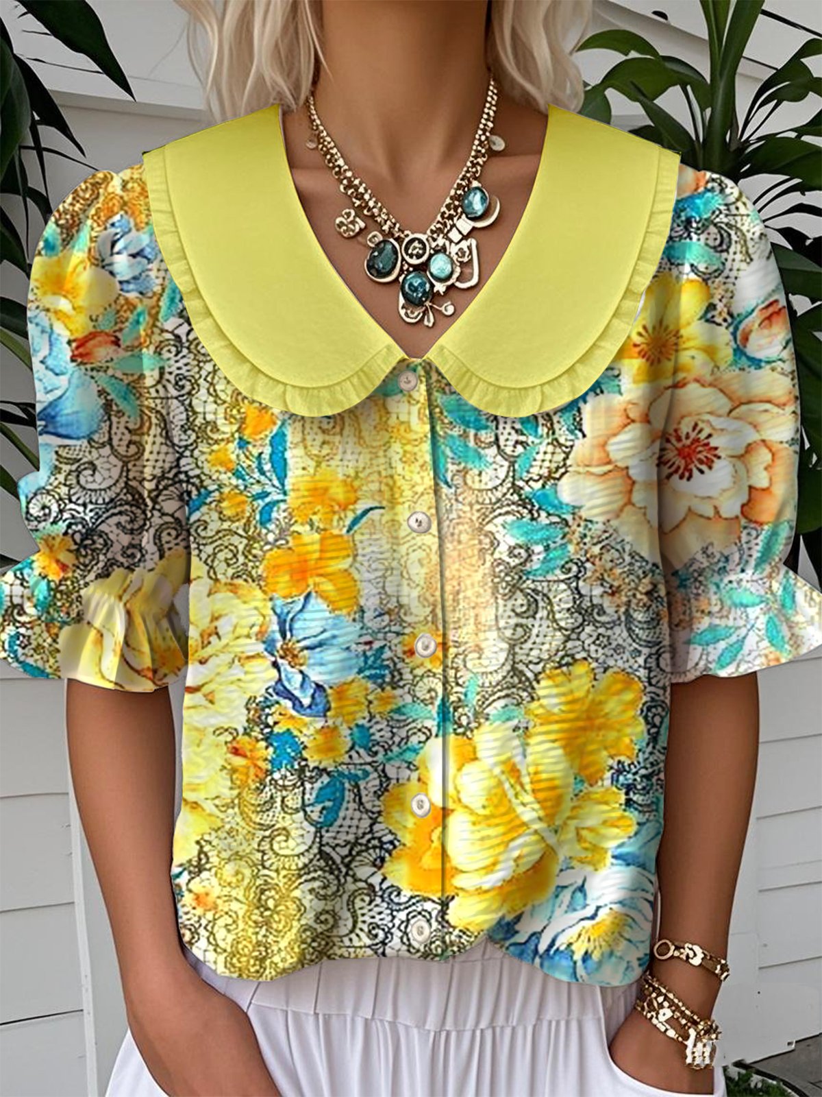 Shawl Collar Casual Loose Gradient Pattern Shirt