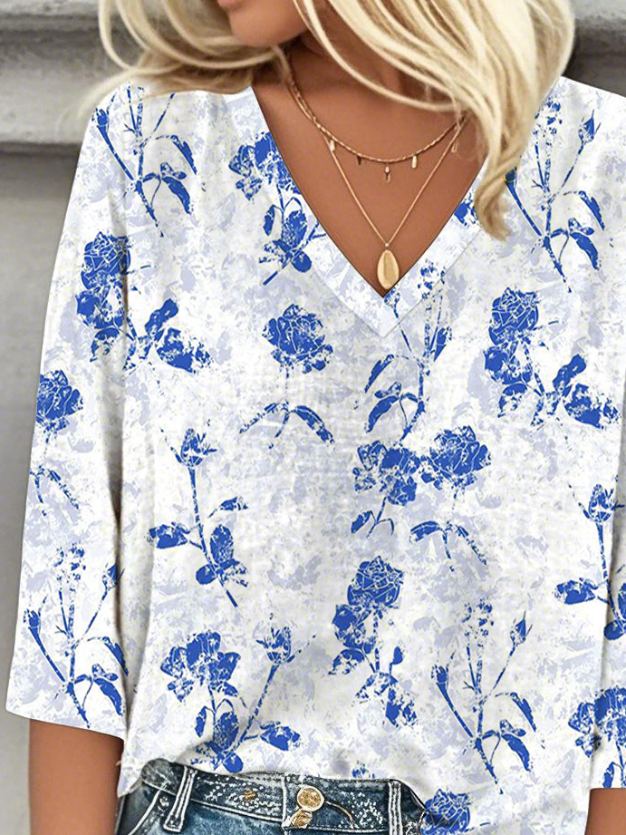 Loose Simple V Neck Floral Blouse