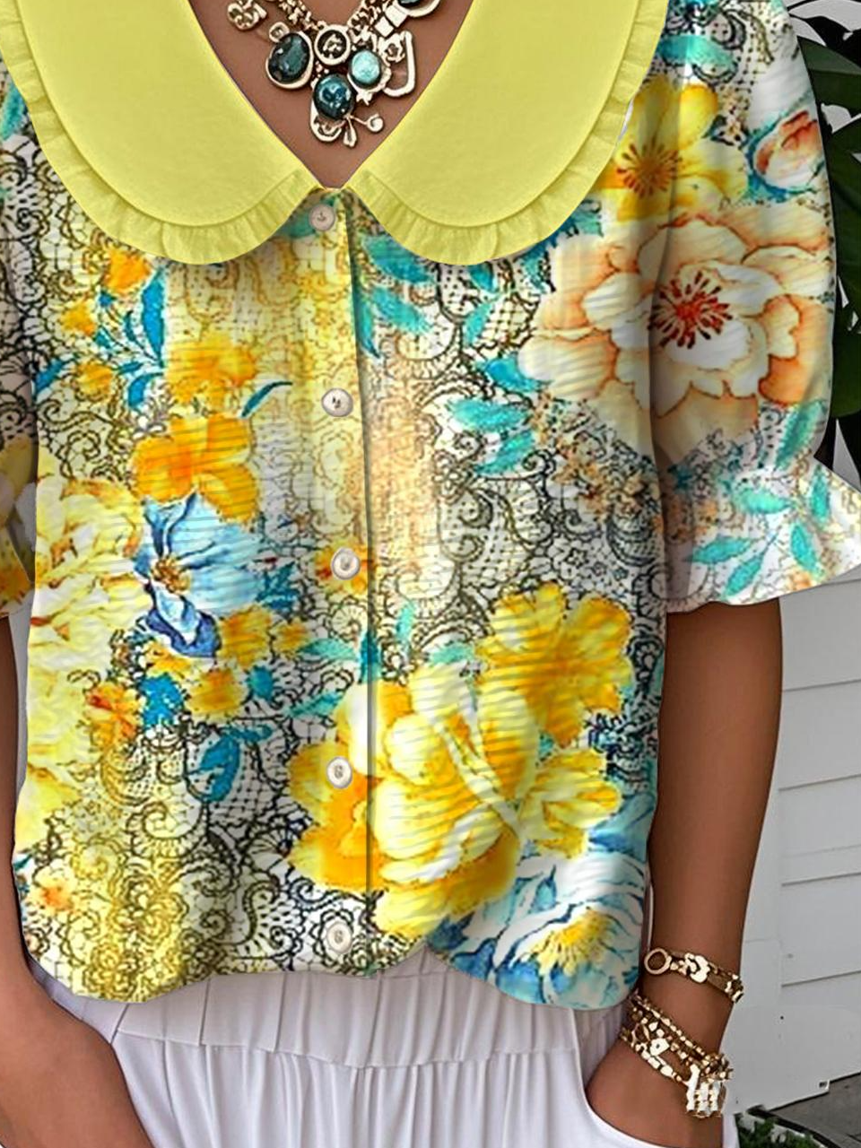 Shawl Collar Casual Loose Gradient Pattern Shirt