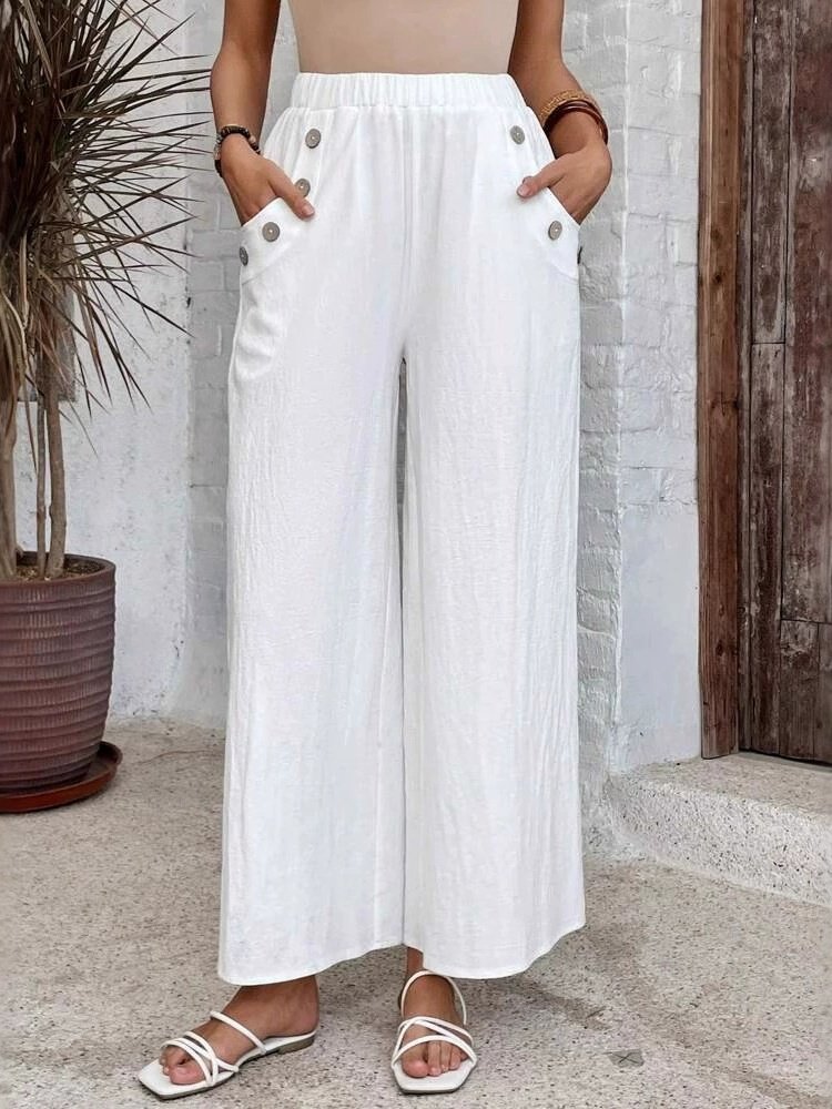 Women's  Elastic Waist H-Line Wide Leg Pants Daily Going Out Pants White Casual Split Joint Plain Spring/Fall Pants