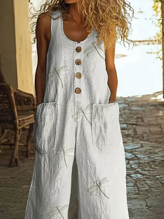 Women's H-Line Overall Crew Neck Daily Going Out Casual Printing Dragonfly Summer Long Jumpsuit Romper