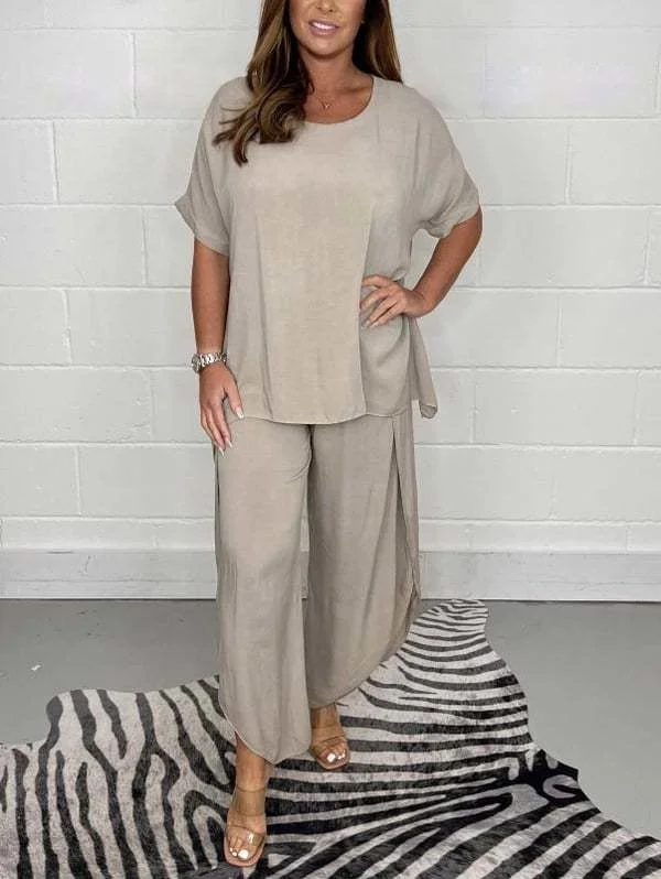 Women's Plain Daily Going Out Two-Piece Set Beige Casual Summer Top With Pants Matching Set
