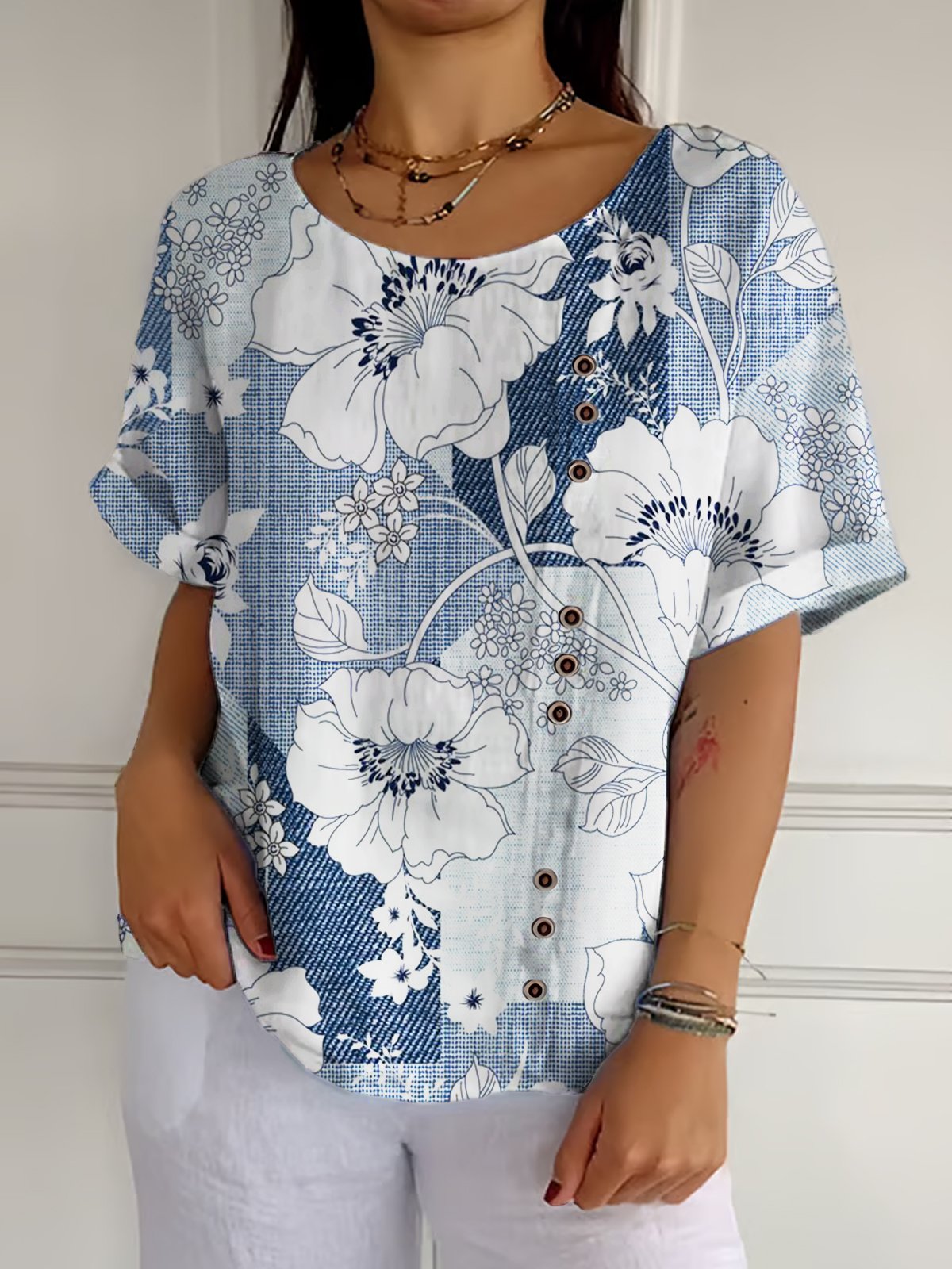 Casual Cotton-Blend Gradient Pattern T-Shirt