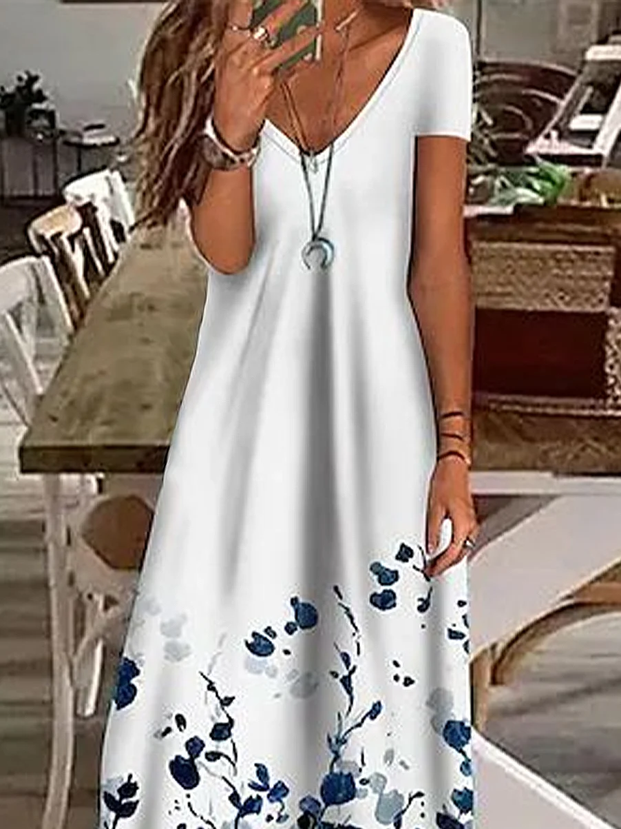 Women's Floral Print Casual V-Neck Short Sleeve Dress
