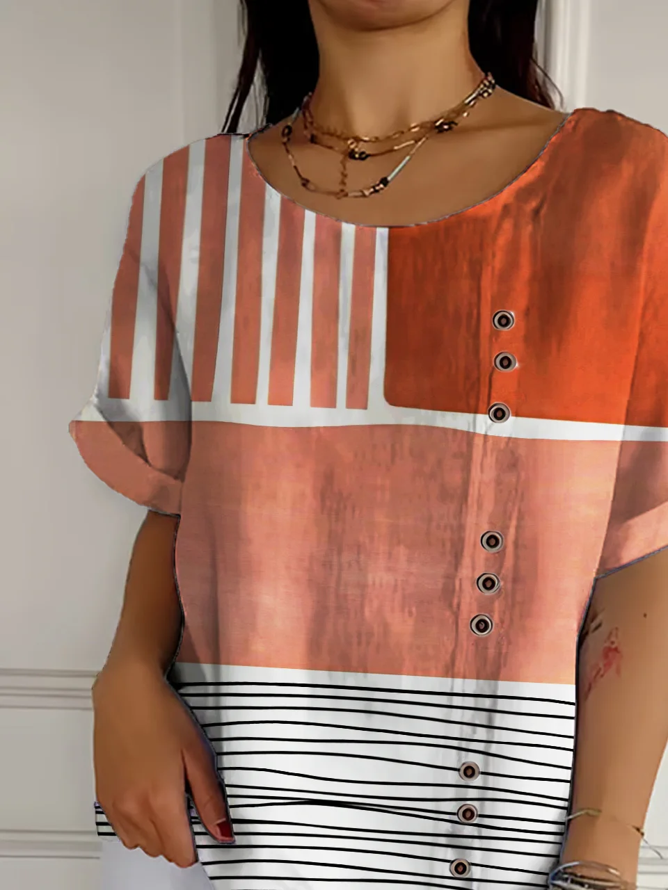 Cotton-Blend Multicolor Block Casual T-Shirt