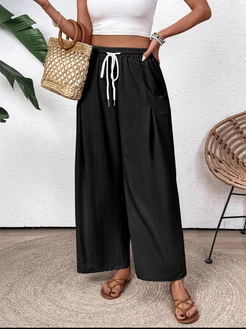 Women's  Elastic Waist H-Line Wide Leg Pants Daily Going Out Pants Black Casual Split Joint Plain Spring/Fall Pants