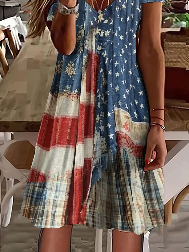 Women's Short Sleeve Summer As Picture Independence Day (Flag) Printing V Neck Daily Going Out Casual Midi A-Line Classic Dress