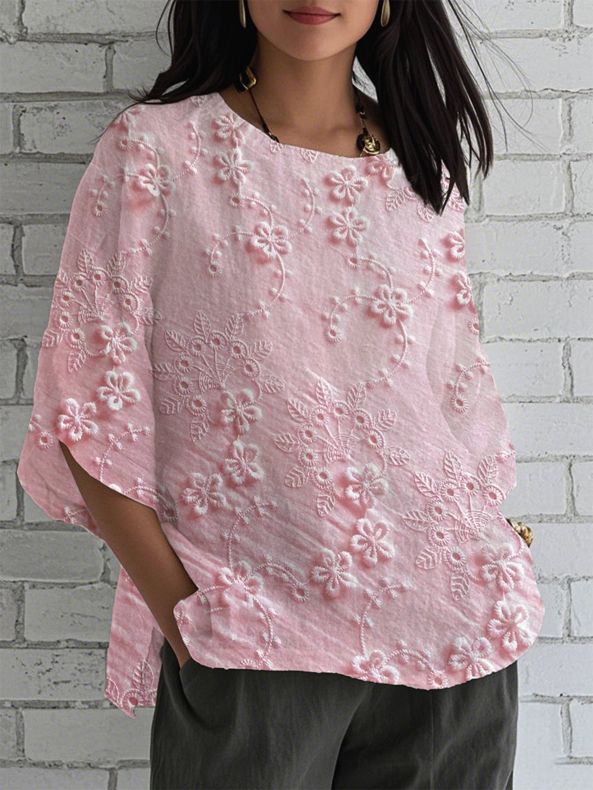 Simple Crew Neck Floral Loose Shirt