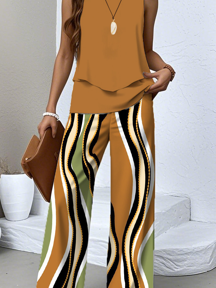 Striped Casual Crew Neck Regular Fit Two-Piece Set