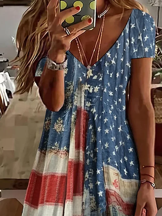 Women's Short Sleeve Summer As Picture Independence Day (Flag) Printing V Neck Daily Going Out Casual Midi A-Line Classic Dress