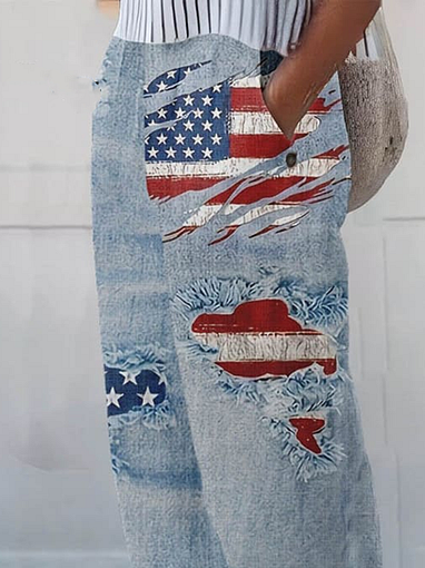 Women's  H-Line Straight Pants Daily Going Out Pants Blue Casual Printing America Flag Spring/Fall Pants