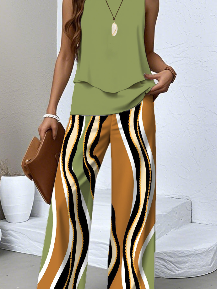 Striped Casual Crew Neck Regular Fit Two-Piece Set