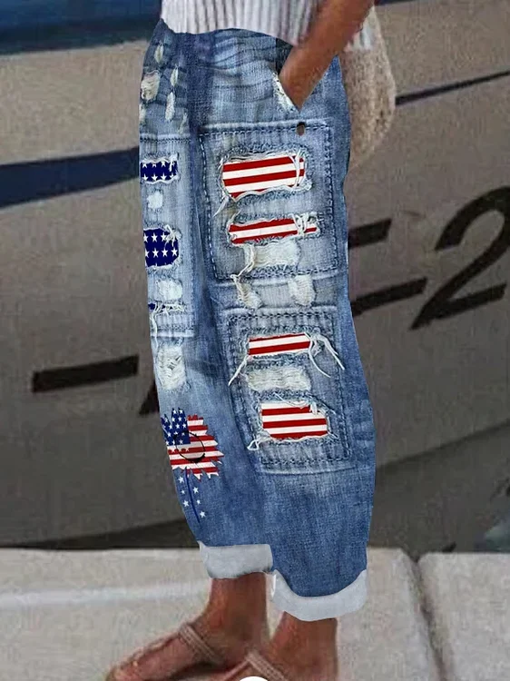 Women's  H-Line Straight Pants Daily Going Out Pants Blue Casual Printing Faux Denim Print Graphic Spring/Fall Pants