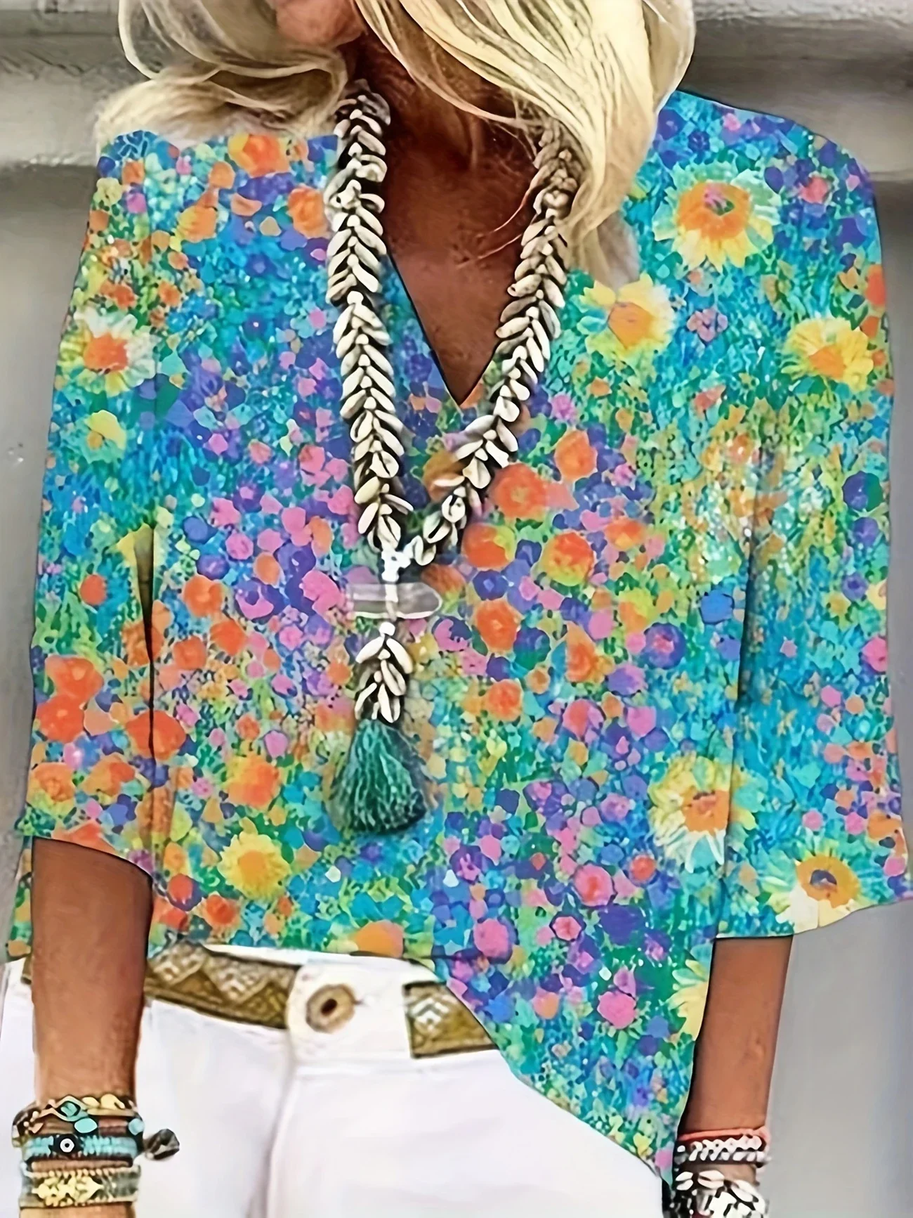 Women's Three Quarter Sleeve Blouse Spring/Fall Blue Floral Printing V Neck Daily Going Out Casual Top