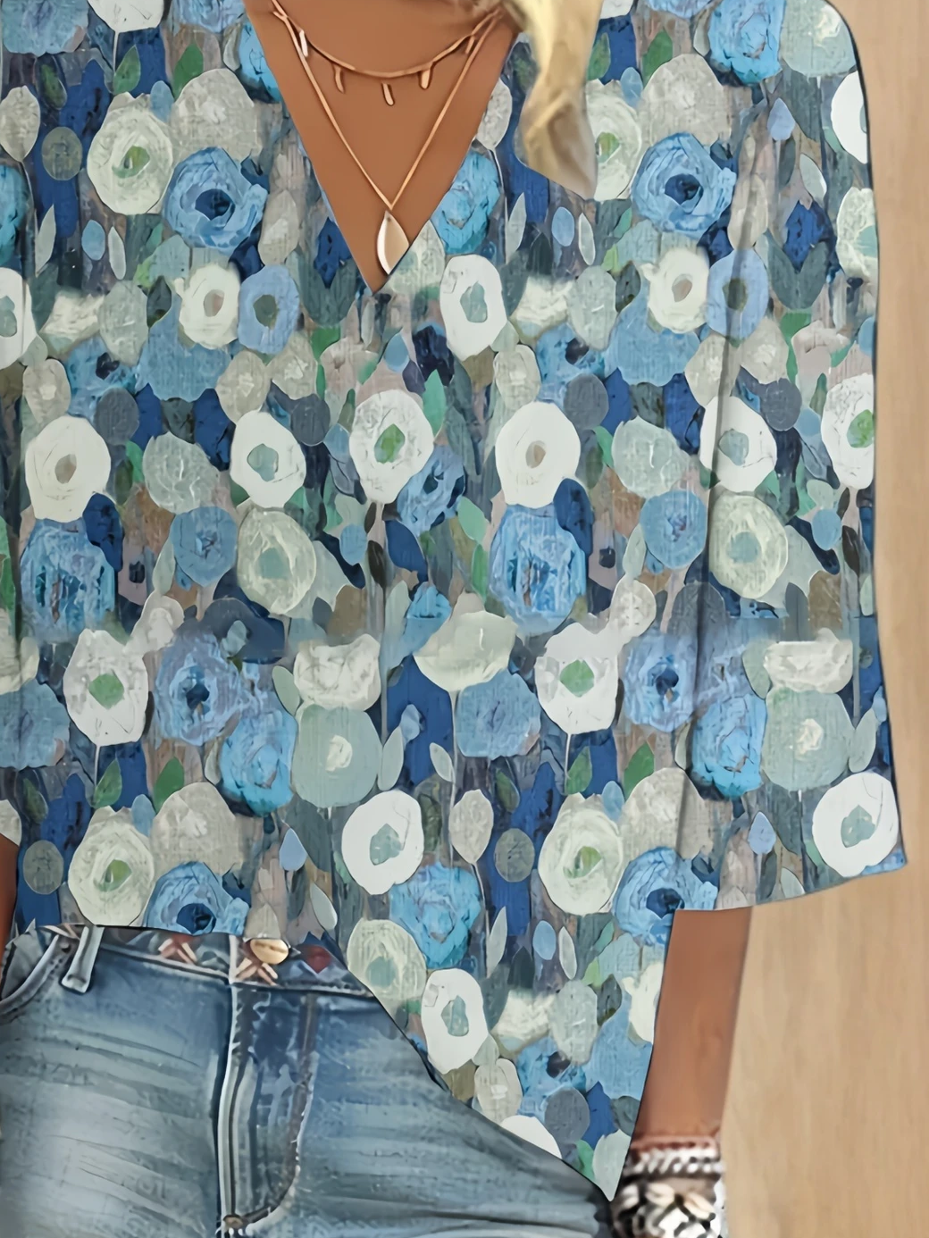 Women's Three Quarter Sleeve Blouse Spring/Fall Blue Floral Printing V Neck Daily Going Out Casual Top