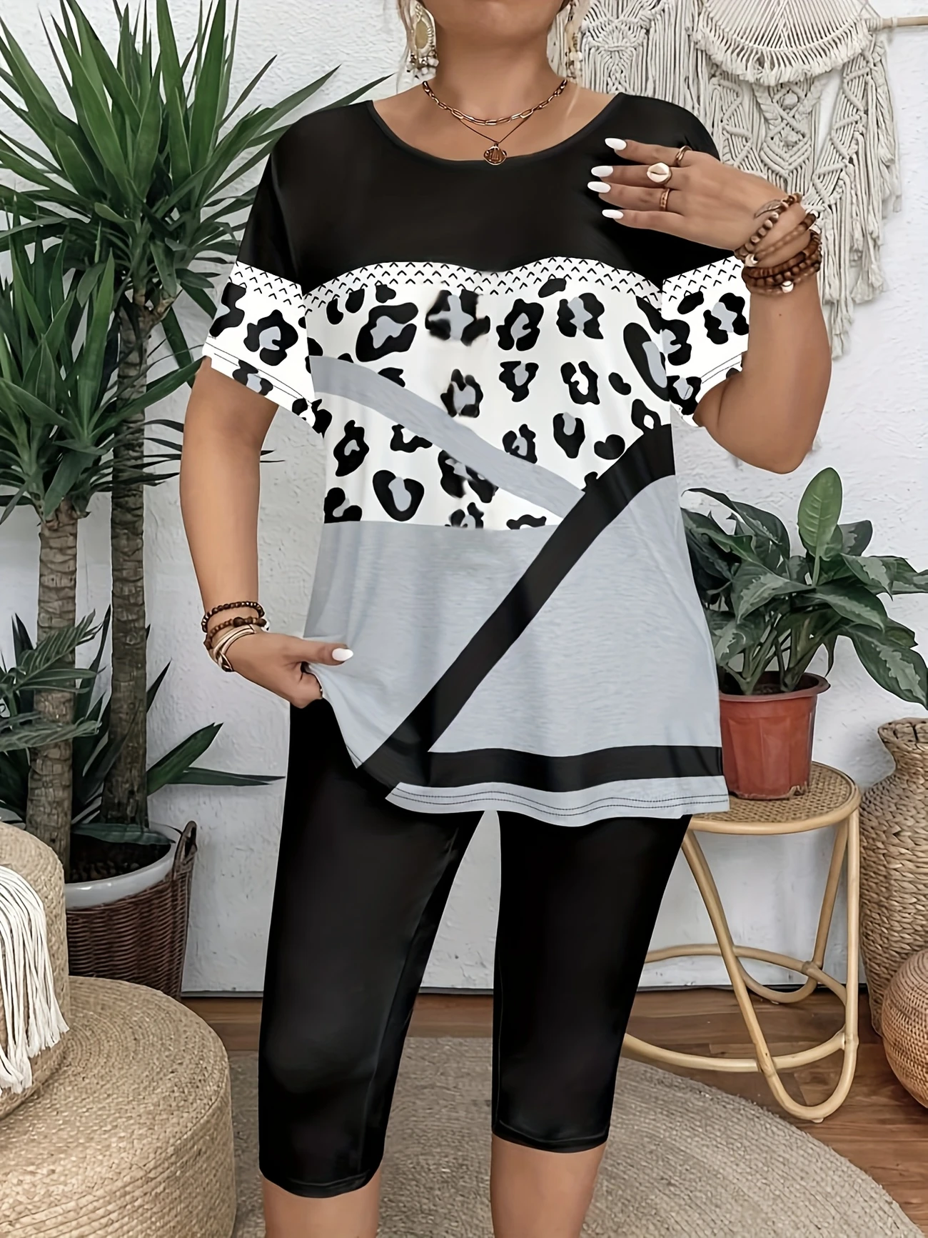 Women's Short Sleeve T-shirt Summer Gray Leopard Printing Jersey Crew Neck Daily Going Out Casual Top