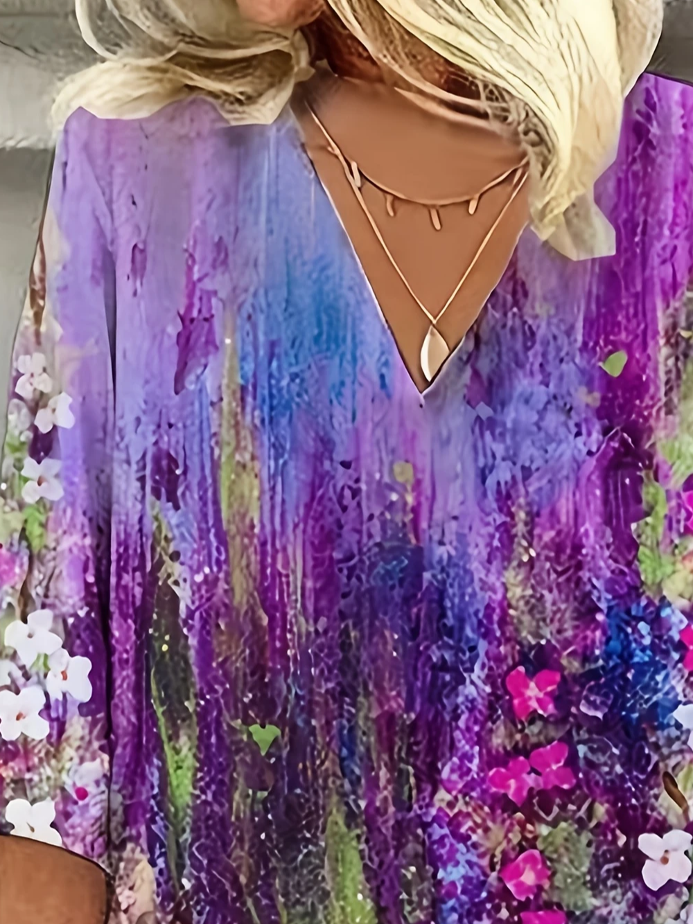 Women's Three Quarter Sleeve Blouse Spring/Fall Purple Floral Printing V Neck Daily Going Out Casual Top
