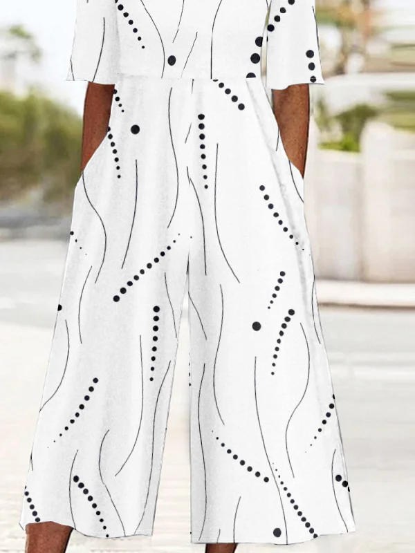 Casual V Neck Abstract Polka Dots Jumpsuit
