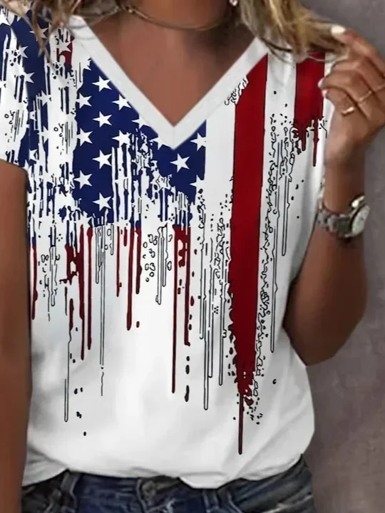 Women's Short Sleeve T-shirt Summer White Independence Day (Flag) Printing V Neck Daily Going Out Casual Top
