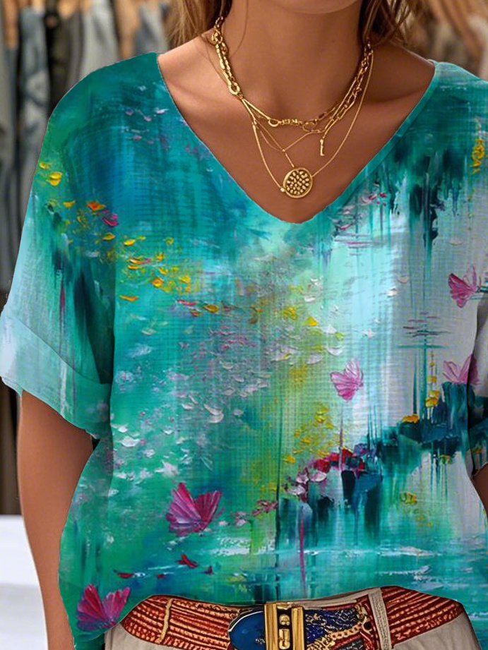 Vintage Gradient Pattern Cotton Crew Neck Blouse
