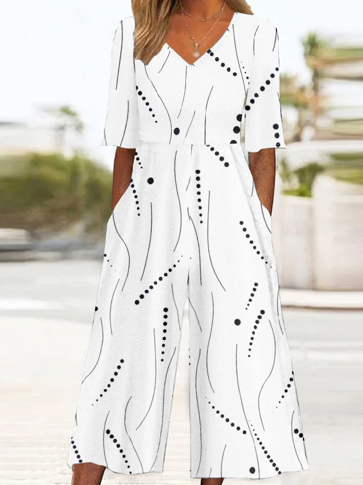 Casual V Neck Abstract Polka Dots Jumpsuit