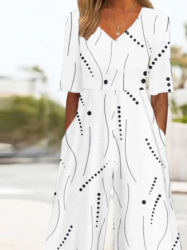 Casual V Neck Abstract Polka Dots Jumpsuit