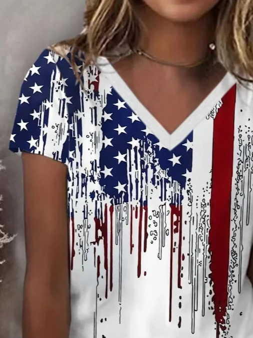 Women's Short Sleeve T-shirt Summer White Independence Day (Flag) Printing V Neck Daily Going Out Casual Top
