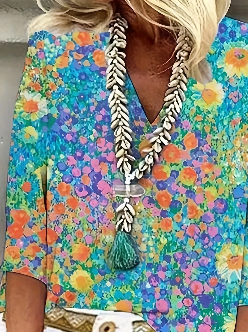 Women's Three Quarter Sleeve Blouse Spring/Fall Blue Floral Printing V Neck Daily Going Out Casual Top