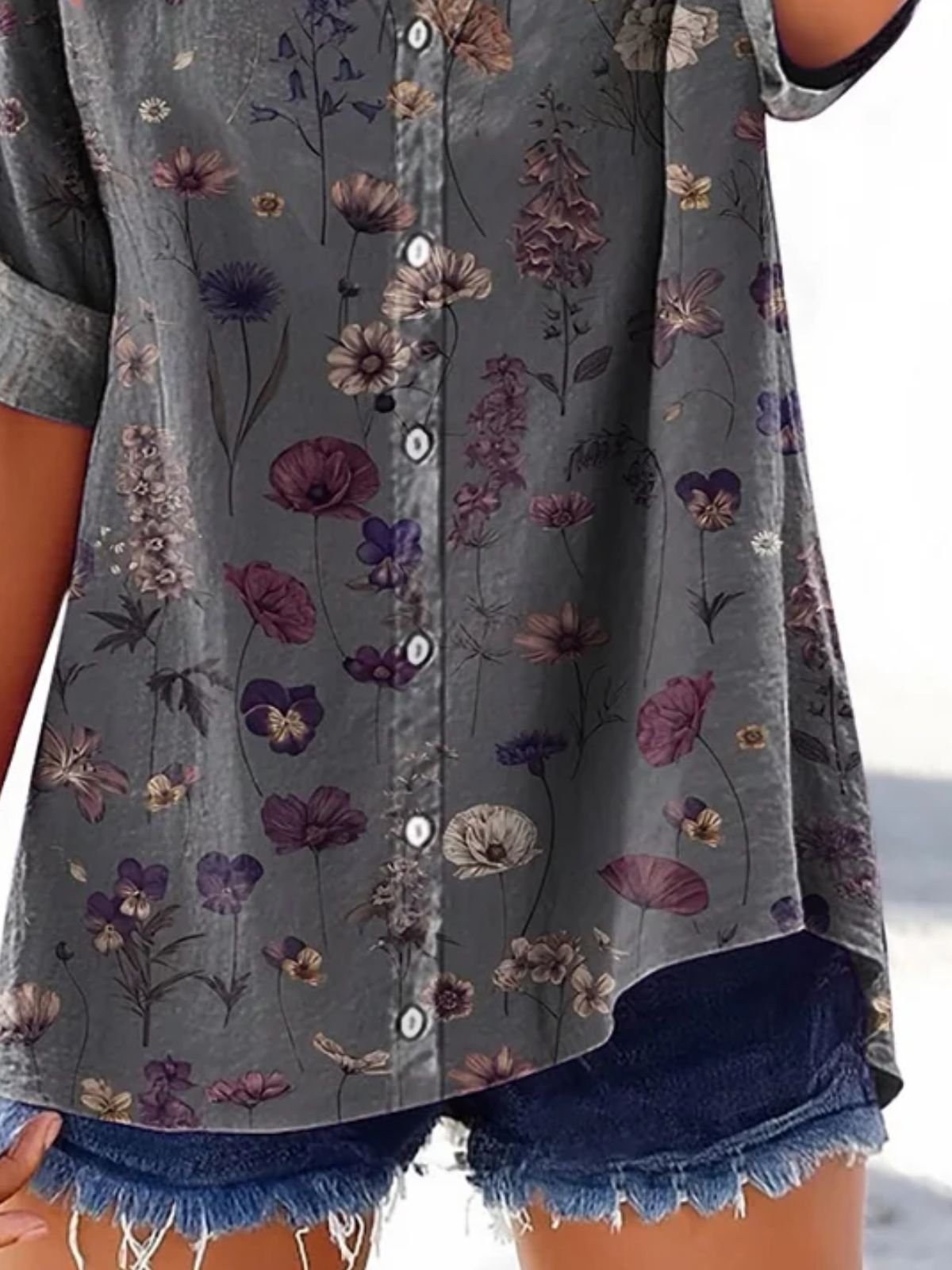 V Neck Cotton Casual Floral Shirt