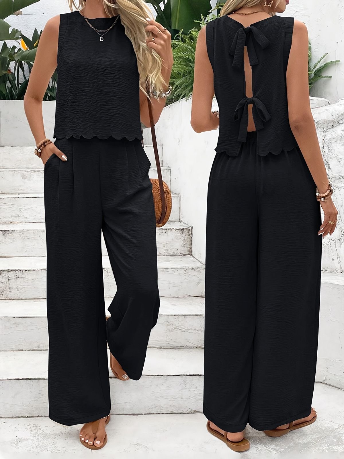 Plain Casual Crew Neck Two-Piece Set