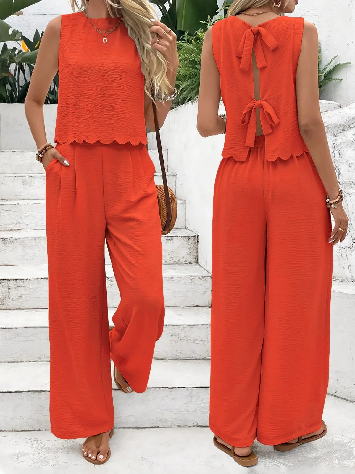 Plain Casual Crew Neck Two-Piece Set