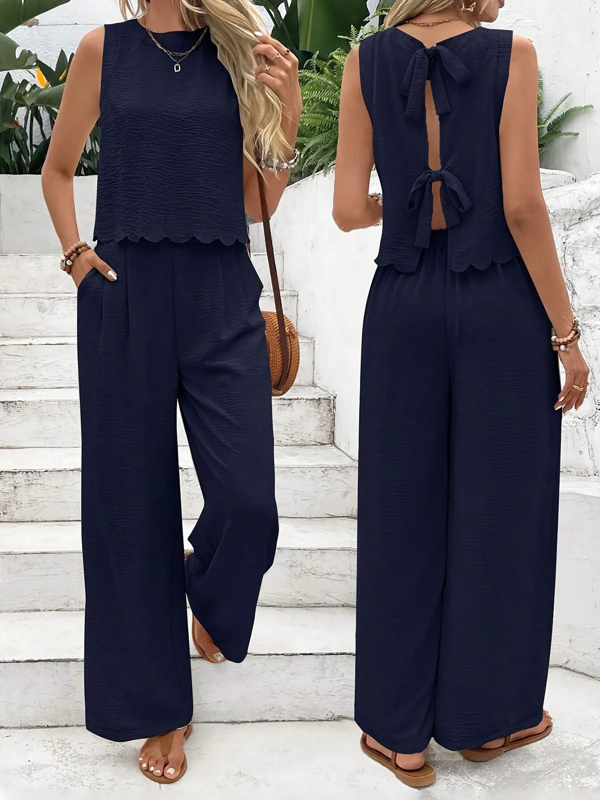 Plain Casual Crew Neck Two-Piece Set