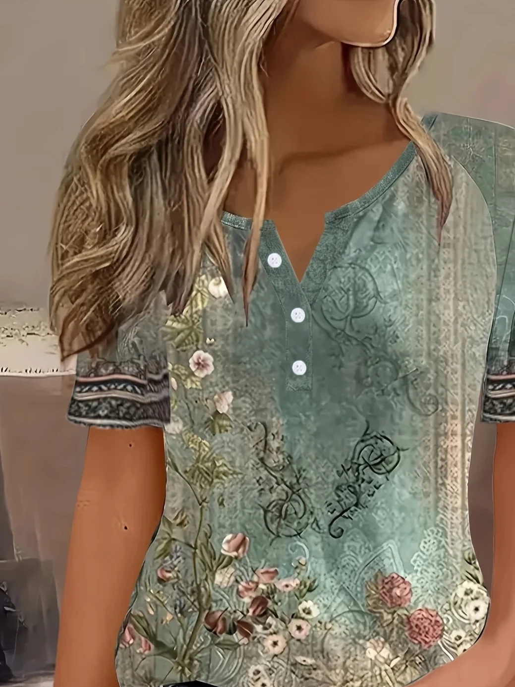 Women's Short Sleeve T-shirt Summer Green Floral Printing Crew Neck Daily Going Out Casual Top