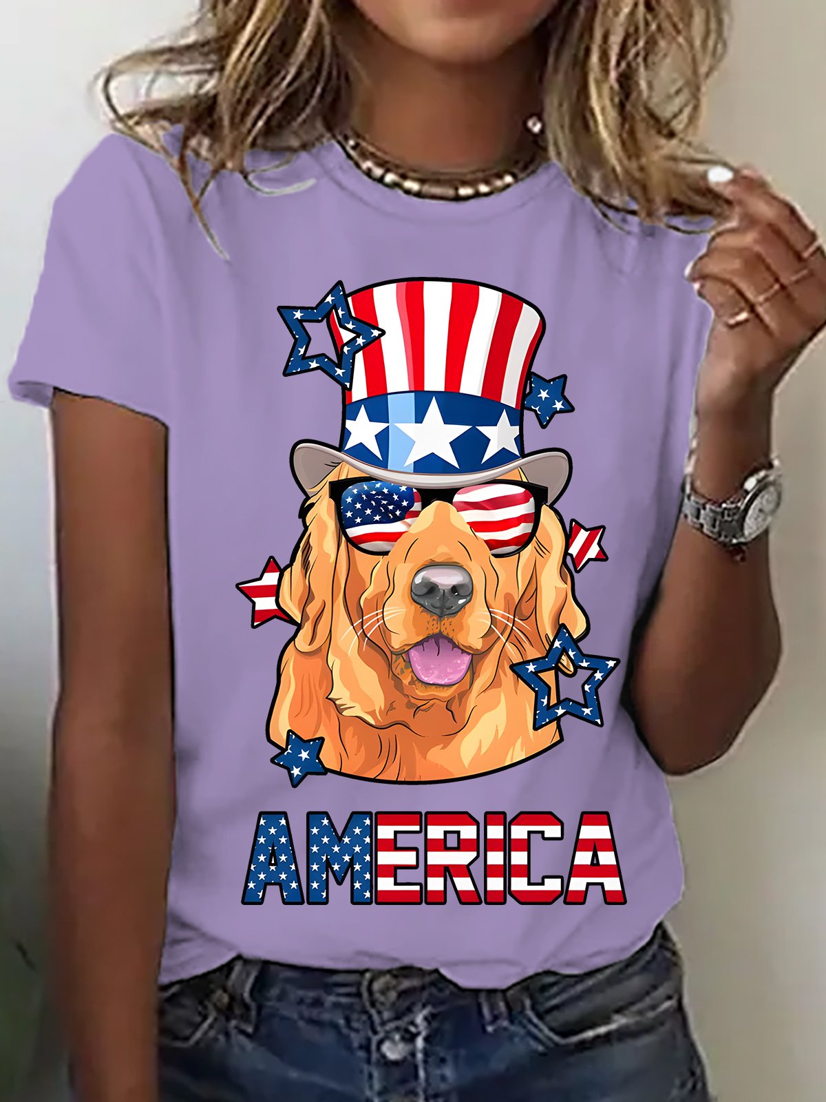 Golden Retriever American Flag Hat Glasses 4th of July Dog Cotton T-shirt